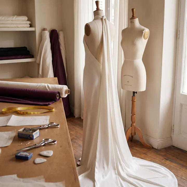 Taller de costura con un vestido de novia en confección